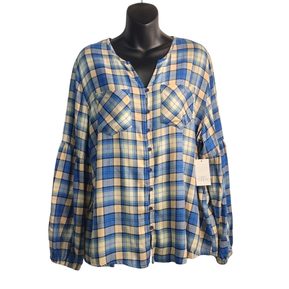 Daily Thread Women's Multicolor Plaid V-Neck Button Down Shirt Size XL/TG NWT - Picture 1 of 13